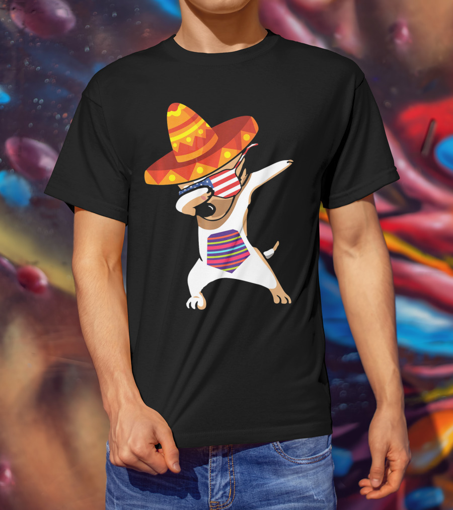 Sombrero Chihuahua Dabbing Mexican Chihuah American Flag Glasses T-Shirt