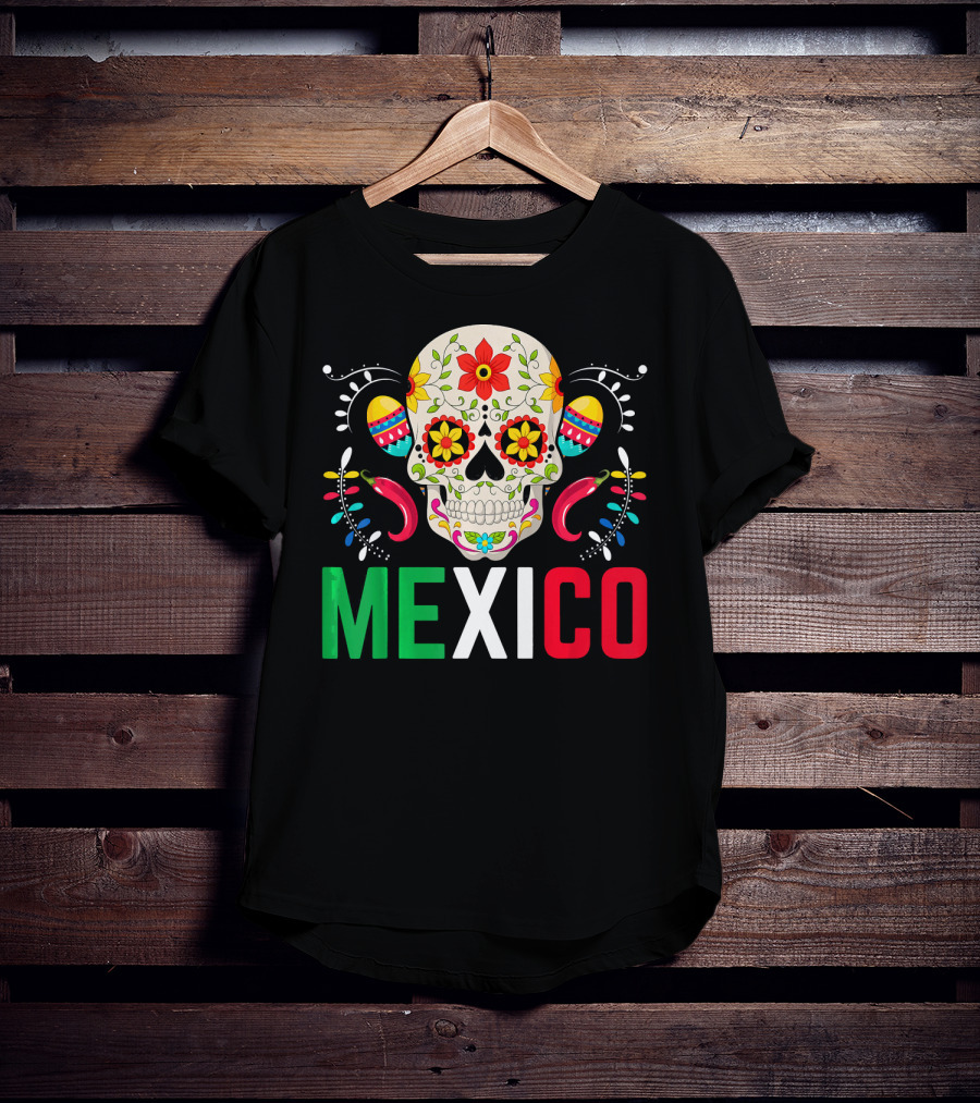 Colorful Cinco De Mayo Mexico Sugar Skull Design With Decorative Elements T-Shirt