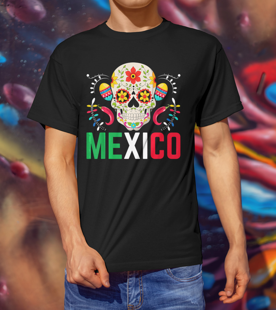 Colorful Cinco De Mayo Mexico Sugar Skull Design With Decorative Elements T-Shirt