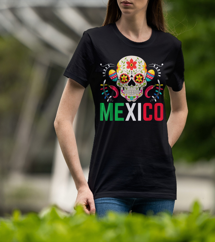Colorful Cinco De Mayo Mexico Sugar Skull Design With Decorative Elements T-Shirt