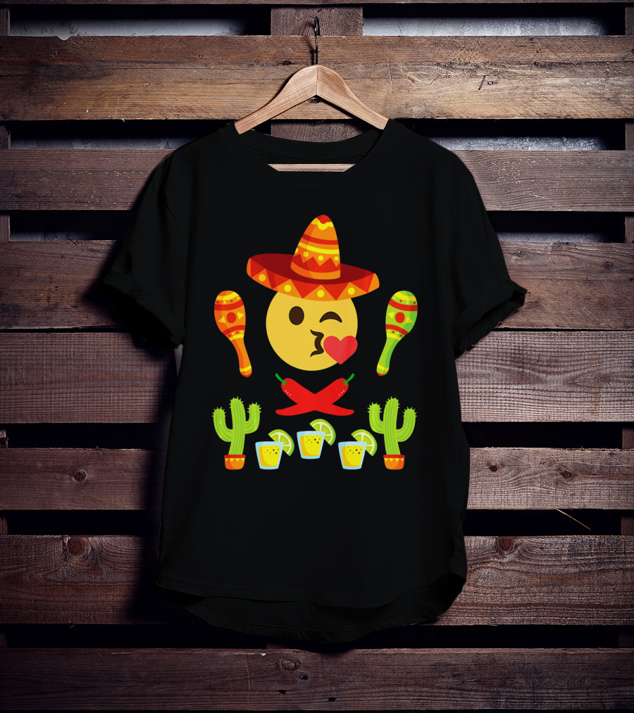 Kiss Emoji Cinco De Mayo Sombrero Maracas Cactus Peppers Margaritas T-Shirt