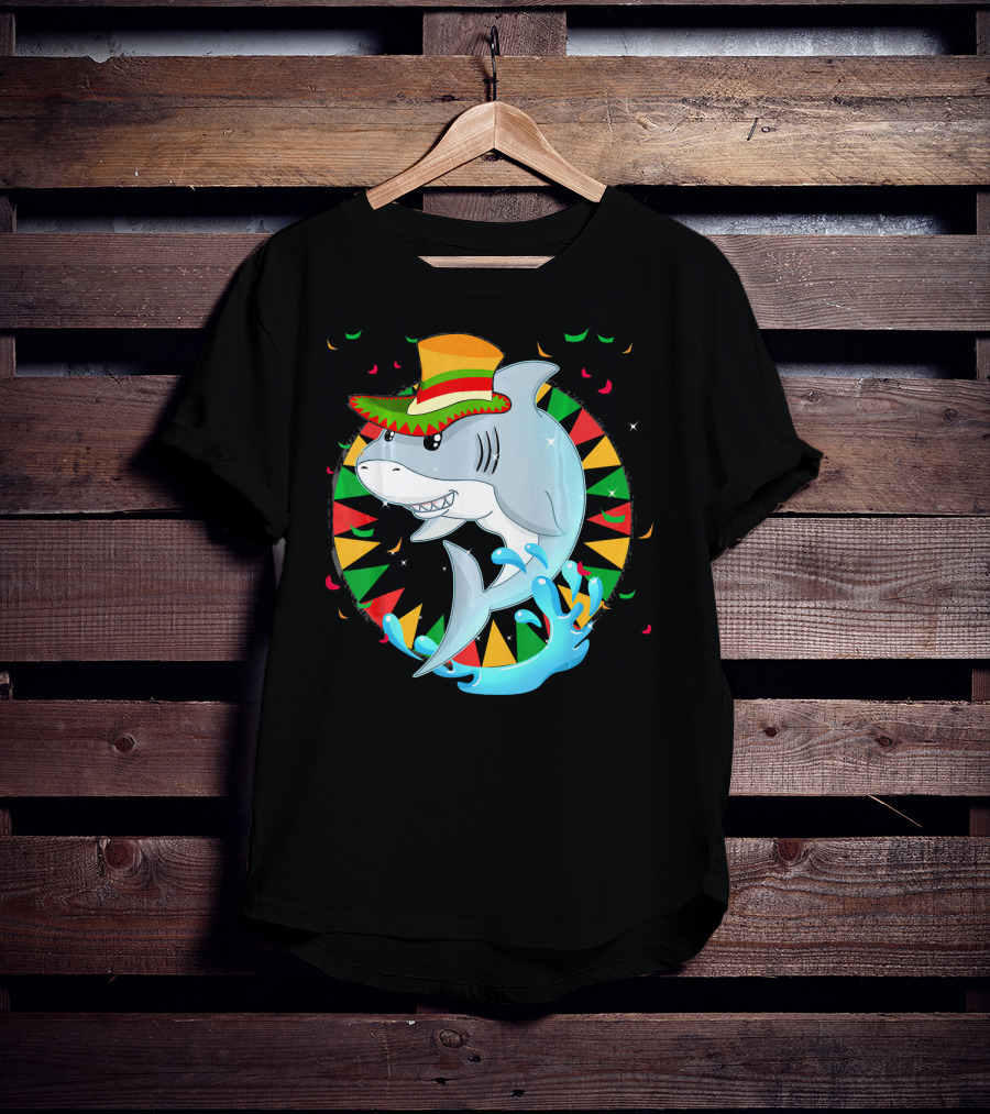 Cute Shark Cinco De Mayo 5th Of May Celebration Hat Sombrero Colorful Fiesta T-Shirt
