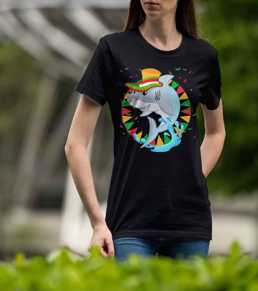 Cute Shark Cinco De Mayo 5th Of May Celebration Hat Sombrero Colorful Fiesta T-Shirt