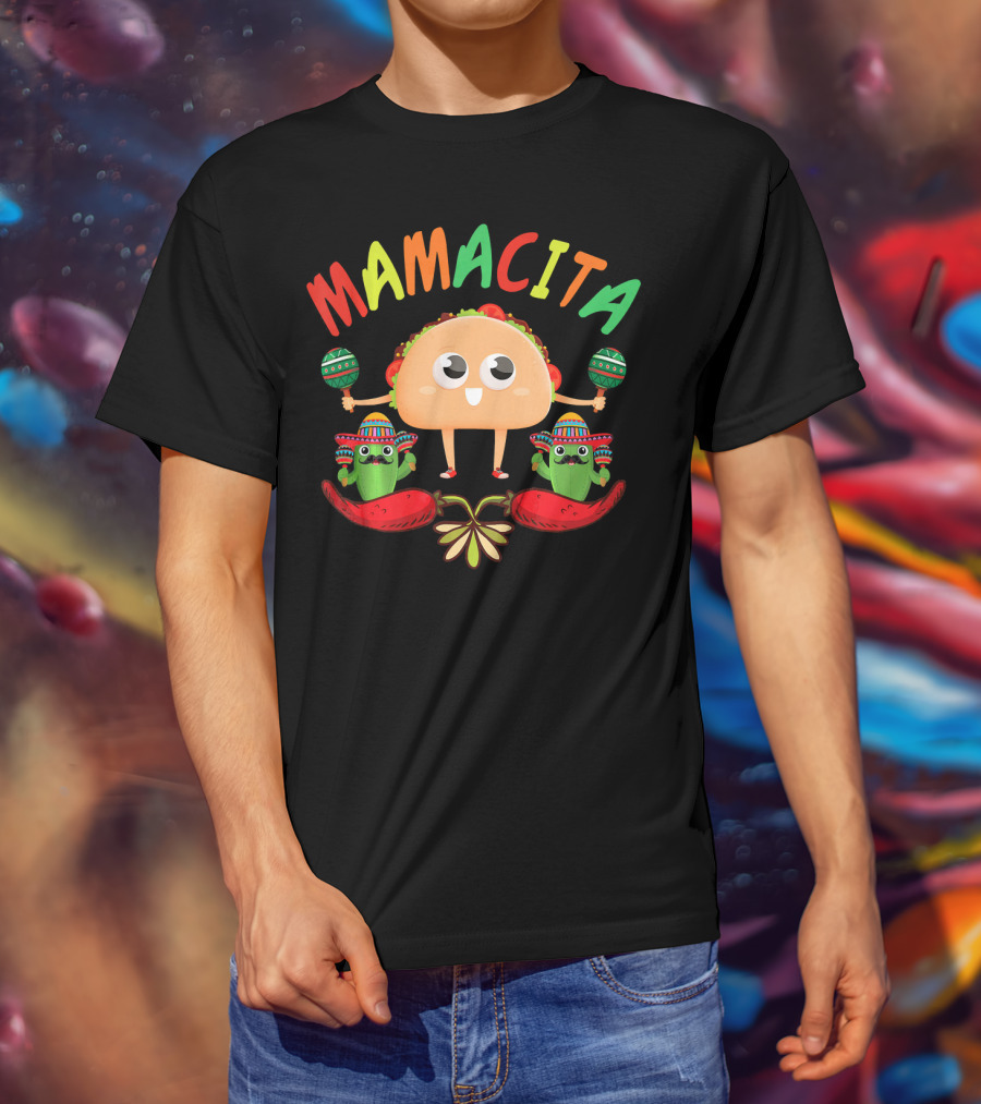 Mamacita Taco And Cactus Fiesta With Maracas And Sombrero T-Shirt