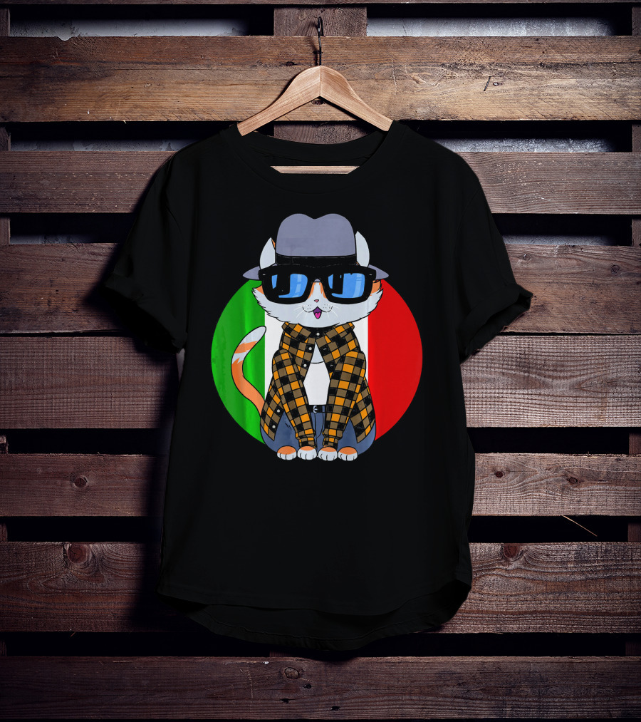 Cinco De Mayo Mexican Kitty Cat With Sunglasses And Plaid Shirt In Front Of Tricolor Circle T-Shirt