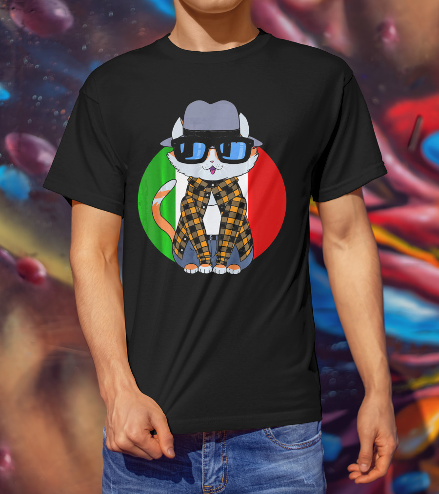 Cinco De Mayo Mexican Kitty Cat With Sunglasses And Plaid Shirt In Front Of Tricolor Circle T-Shirt