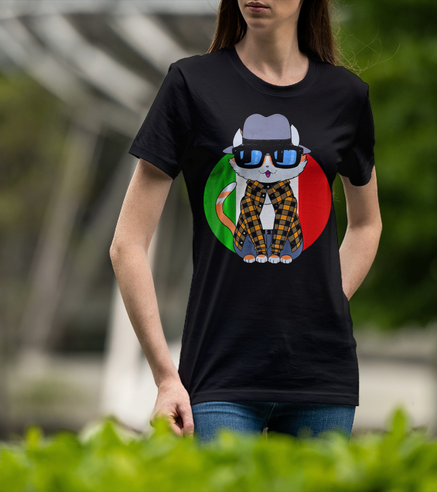 Cinco De Mayo Mexican Kitty Cat With Sunglasses And Plaid Shirt In Front Of Tricolor Circle T-Shirt