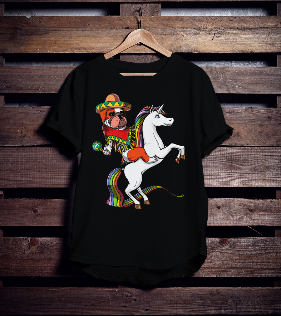English Bulldog Riding Unicorn Cinco De Mayo Fiesta Hat And Maracas T-Shirt