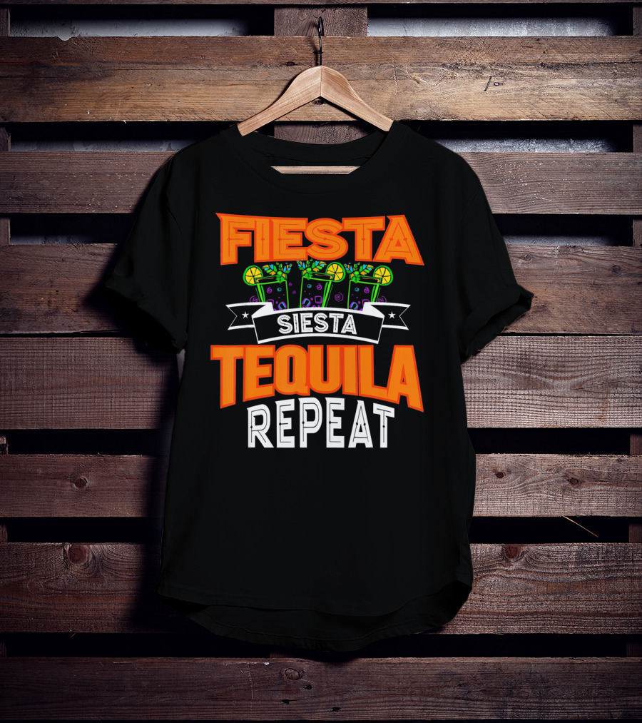 Fiesta Siesta Tequila Repeat Drinker Cin Colorful Margarita Glasses Lime Party T-Shirt