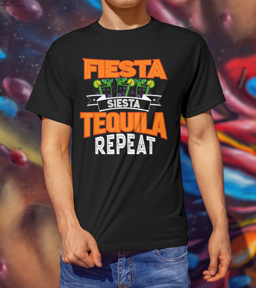 Fiesta Siesta Tequila Repeat Drinker Cin Colorful Margarita Glasses Lime Party T-Shirt
