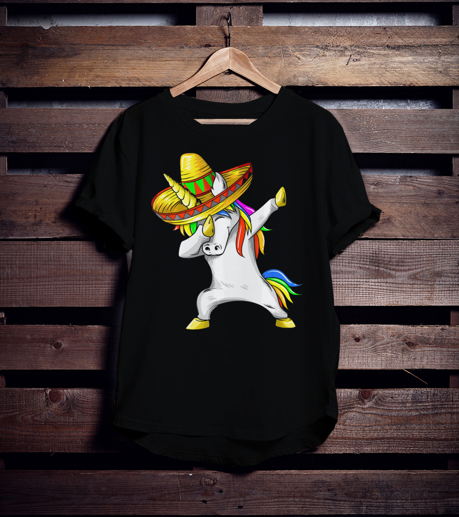 Dabbing Cinco De Mayo Unicorn With Sombrero And Rainbow Mane T-Shirt
