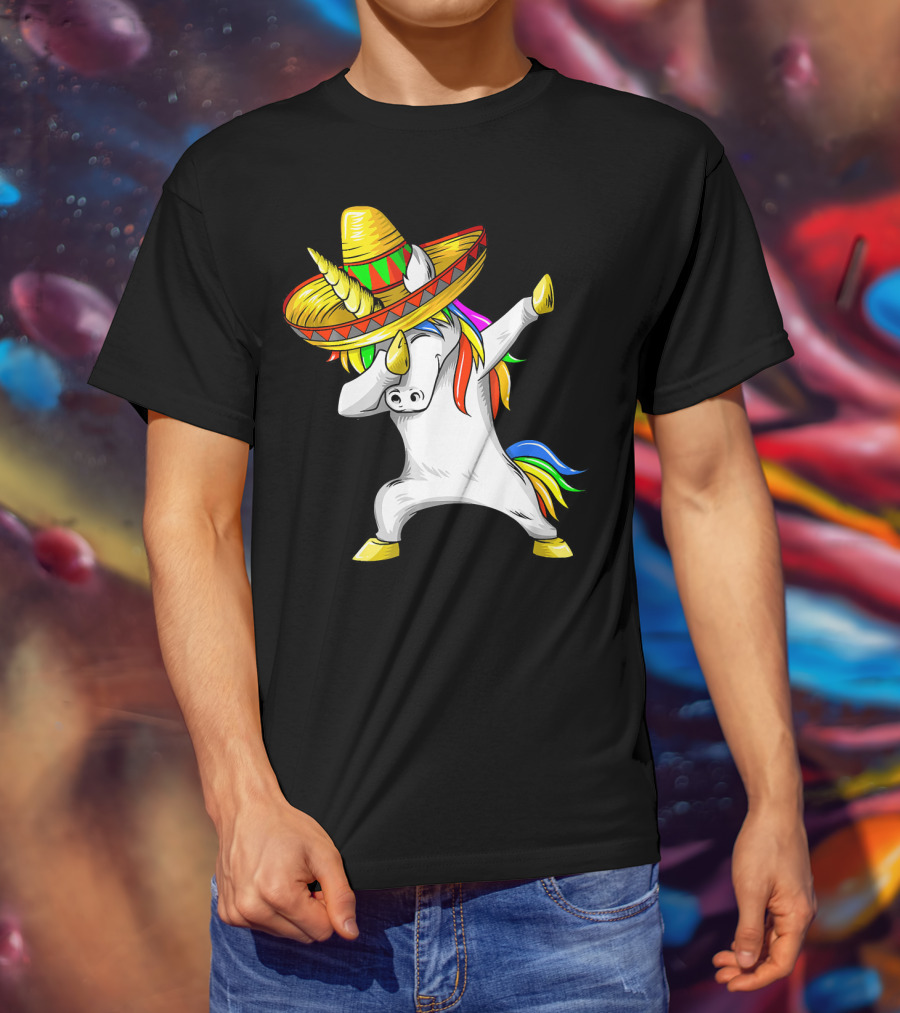 Dabbing Cinco De Mayo Unicorn With Sombrero And Rainbow Mane T-Shirt