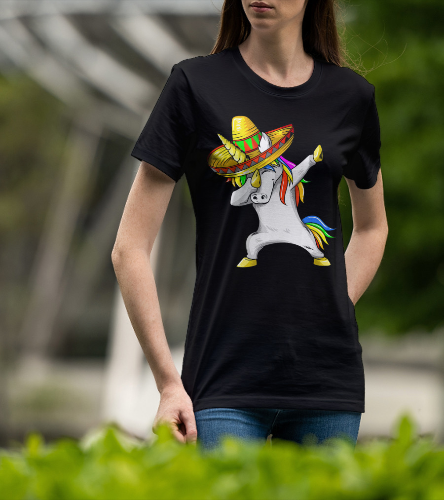 Dabbing Cinco De Mayo Unicorn With Sombrero And Rainbow Mane T-Shirt