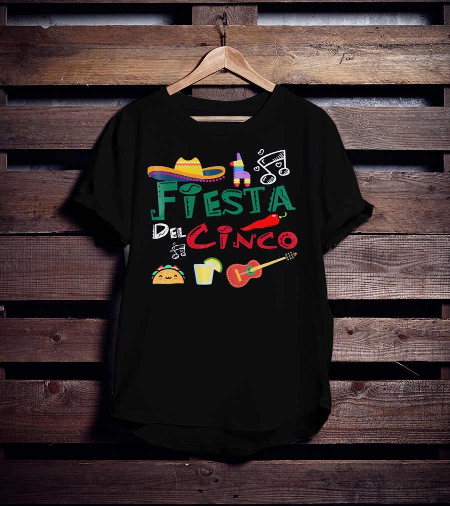 Fiesta Del Cinco Sombrero Piñata Taco Guitar Jalapeño Music Notes T-Shirt