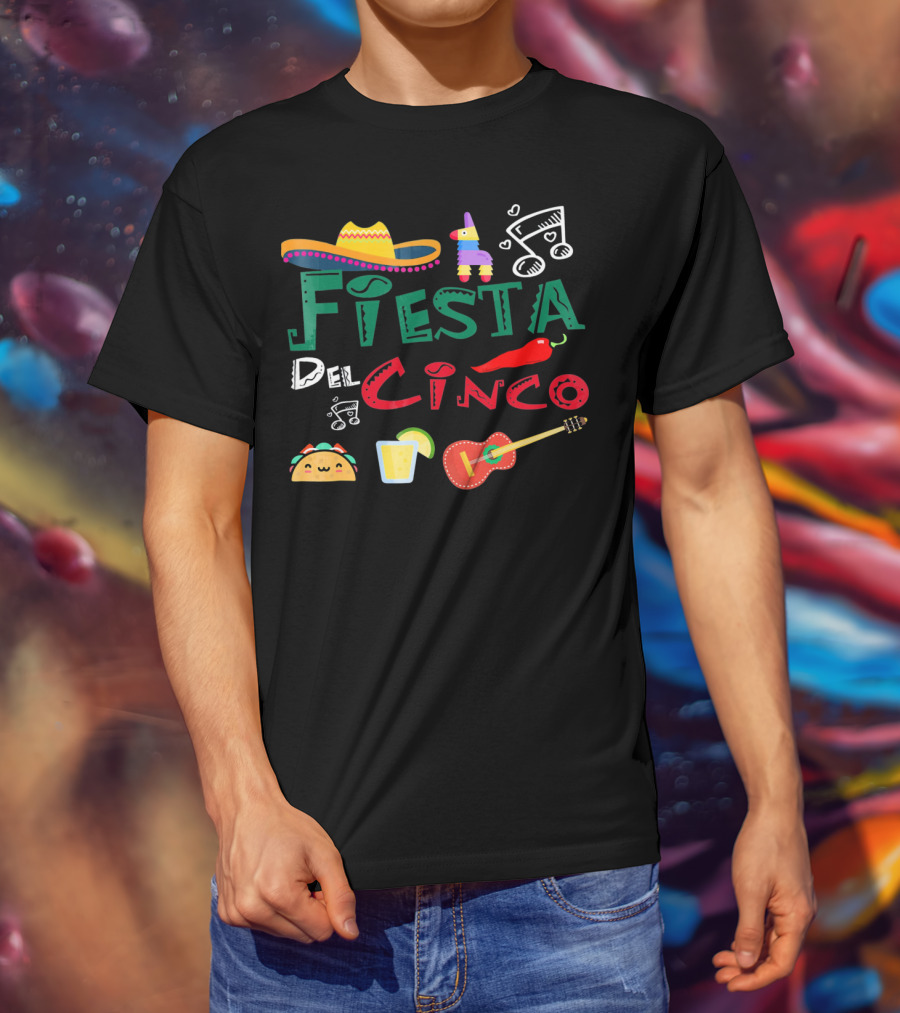 Fiesta Del Cinco Sombrero Piñata Taco Guitar Jalapeño Music Notes T-Shirt