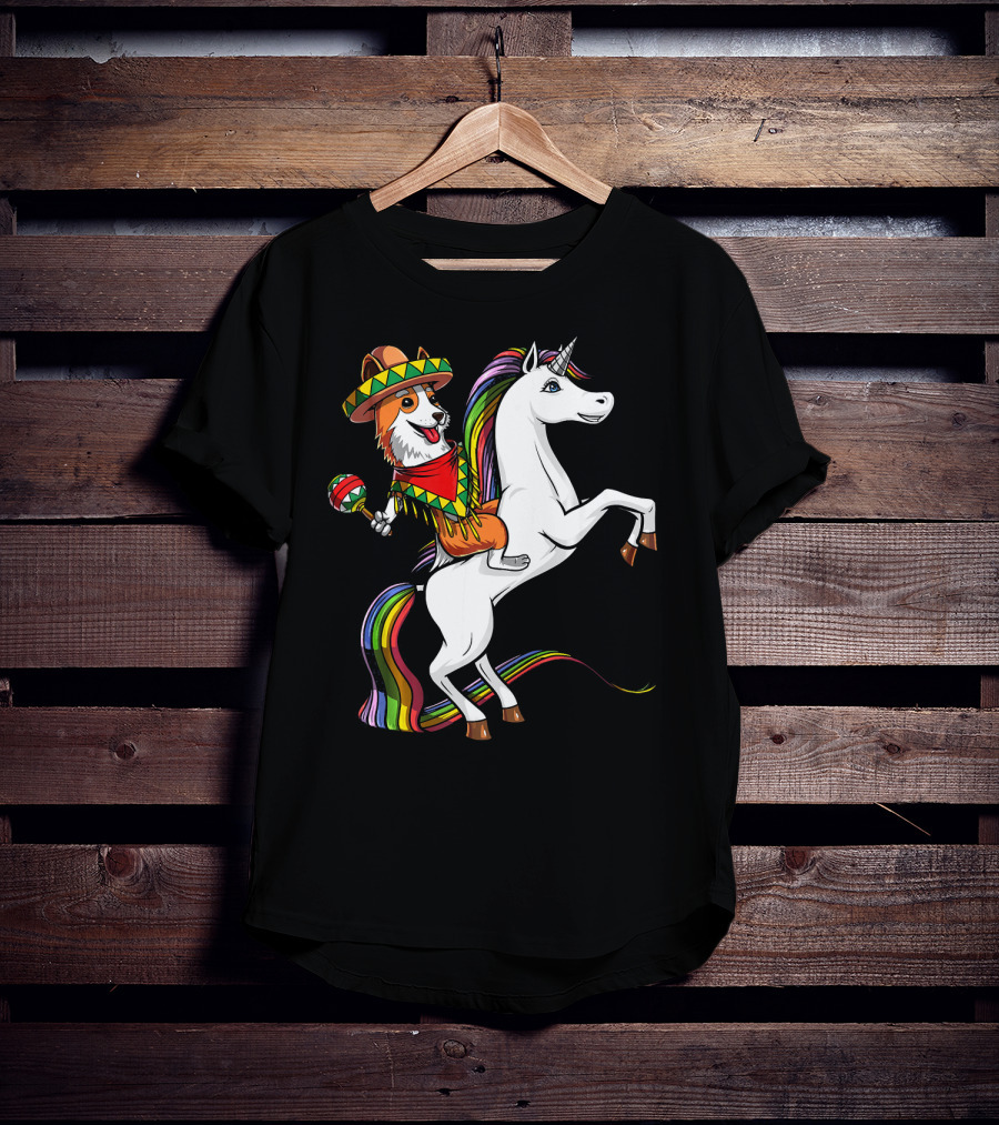 Corgi Riding Unicorn In Sombrero With Maracas Cinco De Mayo Mexic Fiesta T-Shirt