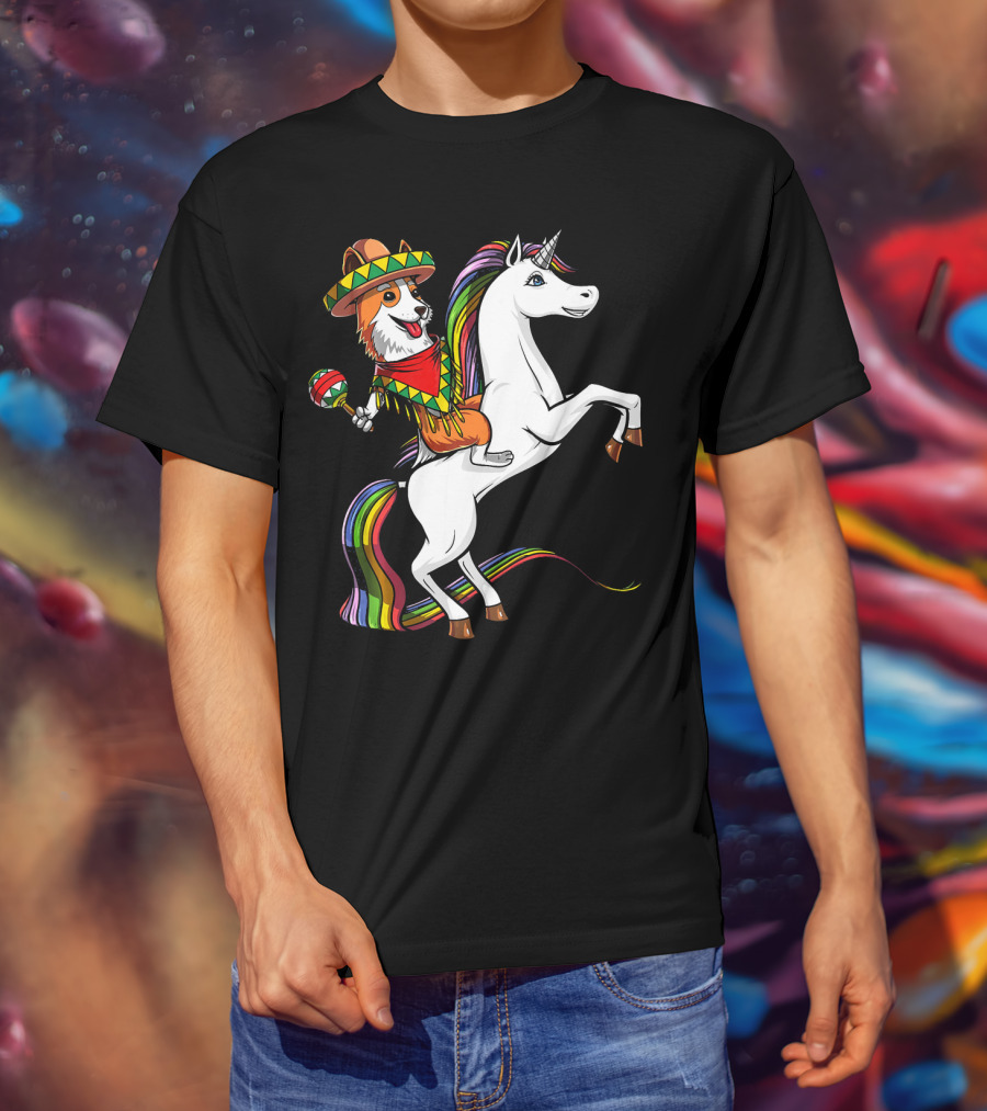 Corgi Riding Unicorn In Sombrero With Maracas Cinco De Mayo Mexic Fiesta T-Shirt