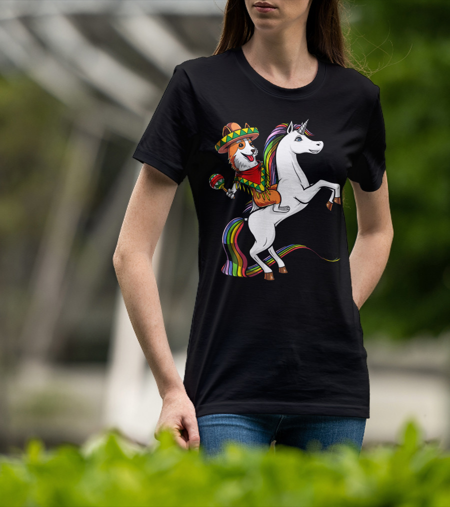 Corgi Riding Unicorn In Sombrero With Maracas Cinco De Mayo Mexic Fiesta T-Shirt