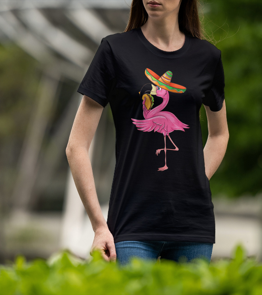 Cute Flamingo With Taco And Sombrero For Cinco De Mayo T-Shirt