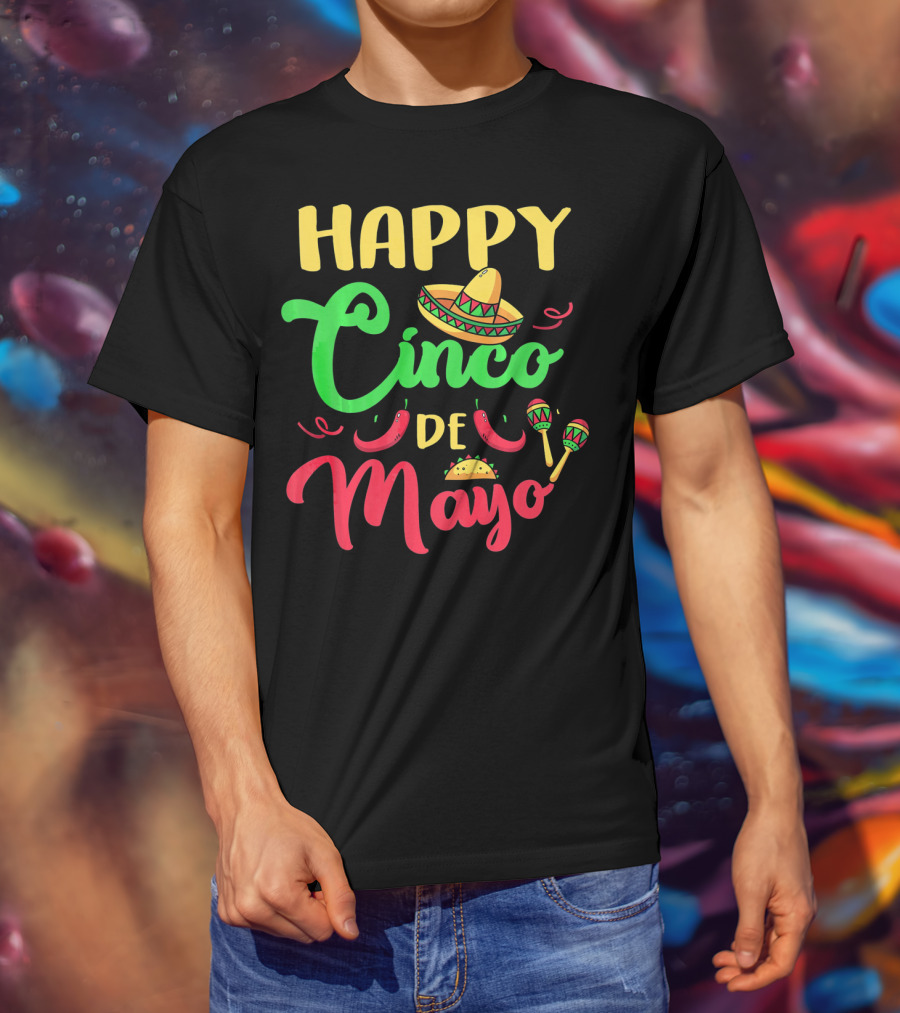 Happy Cinco De Mayo Sombrero Taco Maracas Peppers T-Shirt