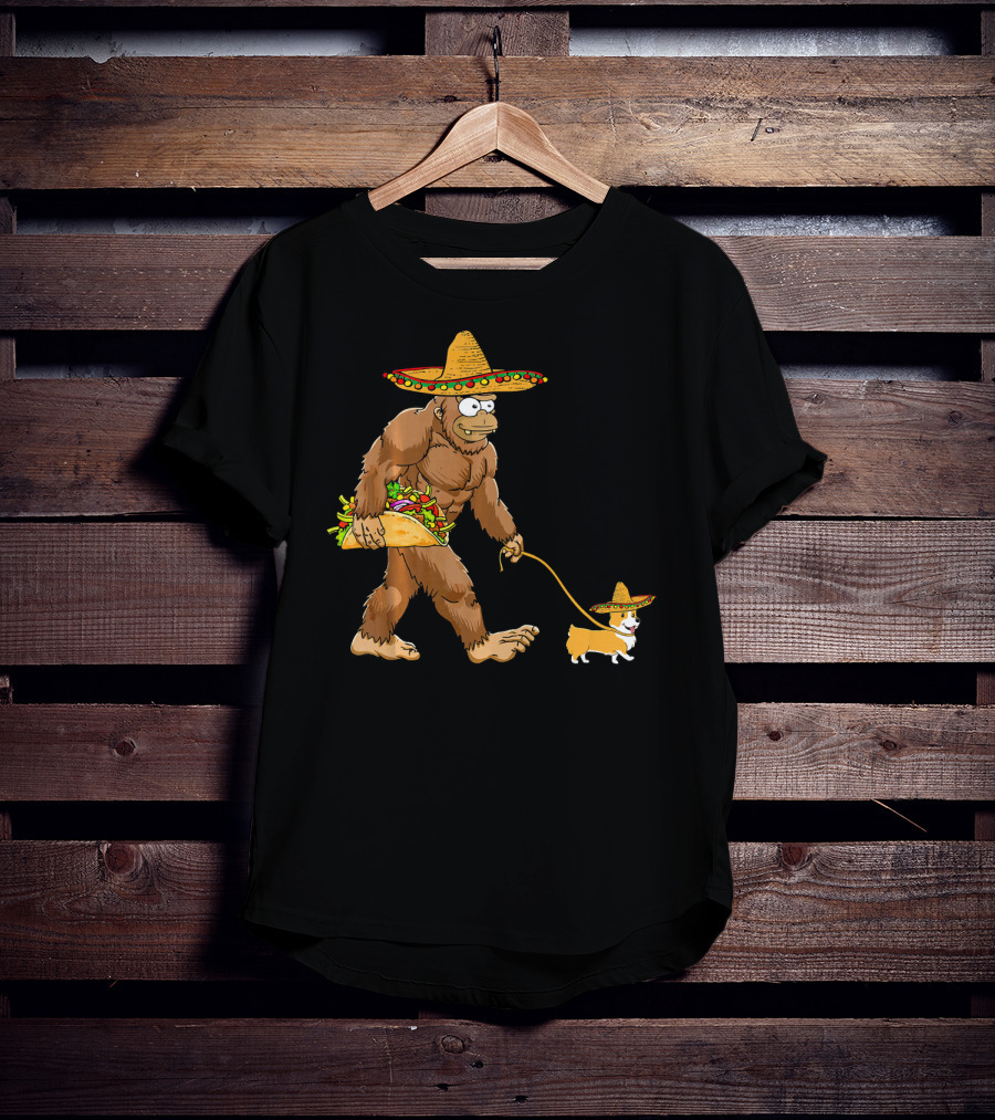 Bigfoot Sombrero Taco Corgi Dog Cinco De Mayo T-Shirt