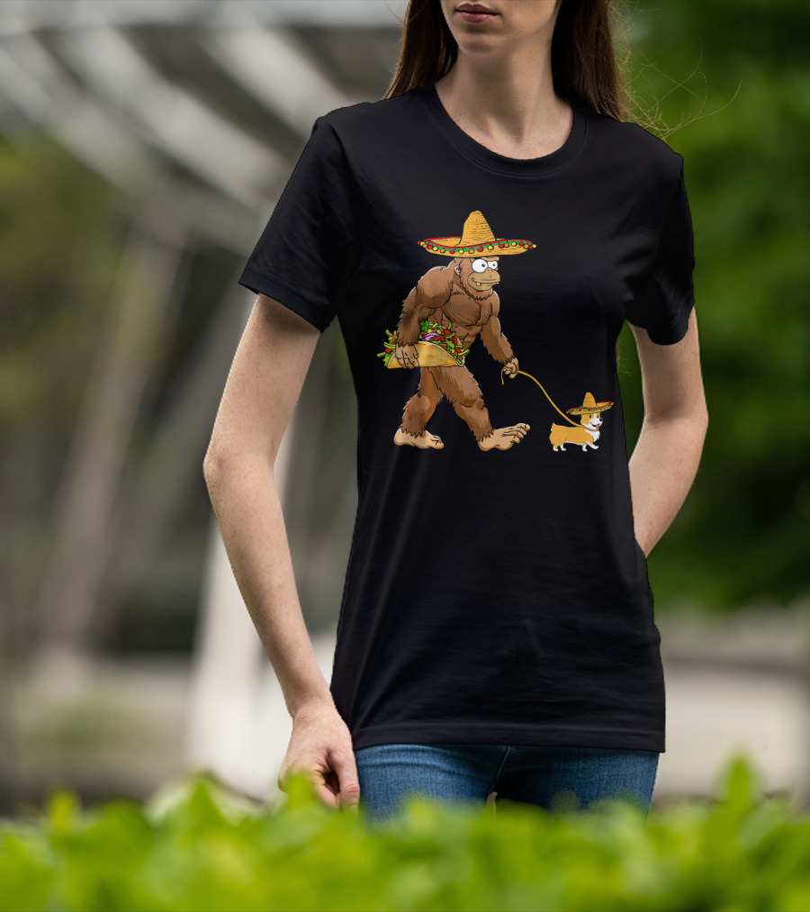 Bigfoot Sombrero Taco Corgi Dog Cinco De Mayo T-Shirt