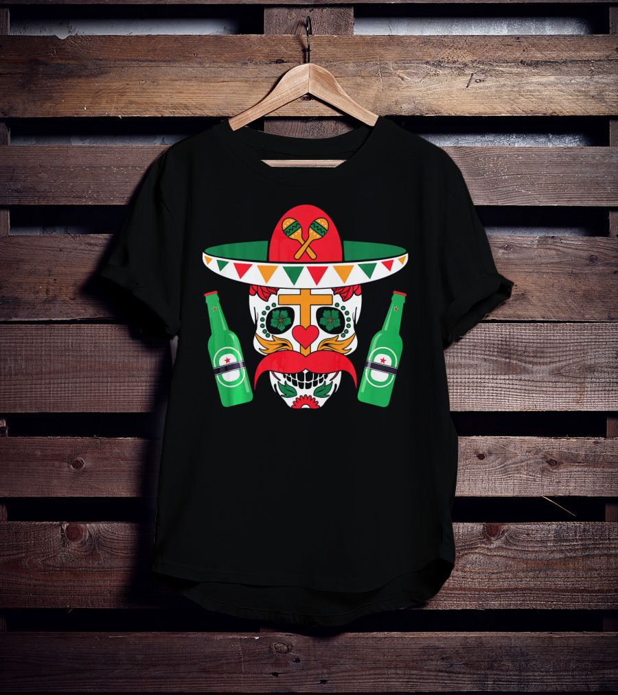 Cinco De Mayo Sugar Skull With Sombrero Maracas And Beer Bottles Mexi T-Shirt