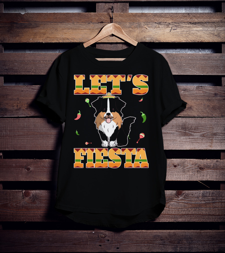 Let's Fiesta Australian Shepherd Dog Sombrero Maracas Peppers T-Shirt