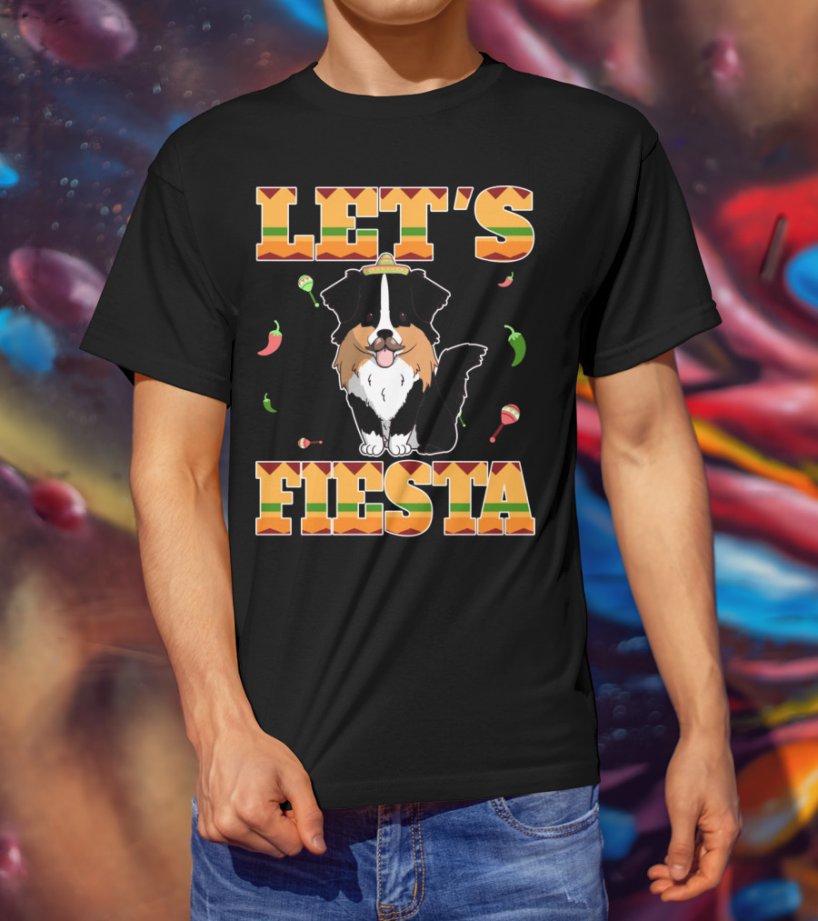 Let's Fiesta Australian Shepherd Dog Sombrero Maracas Peppers T-Shirt