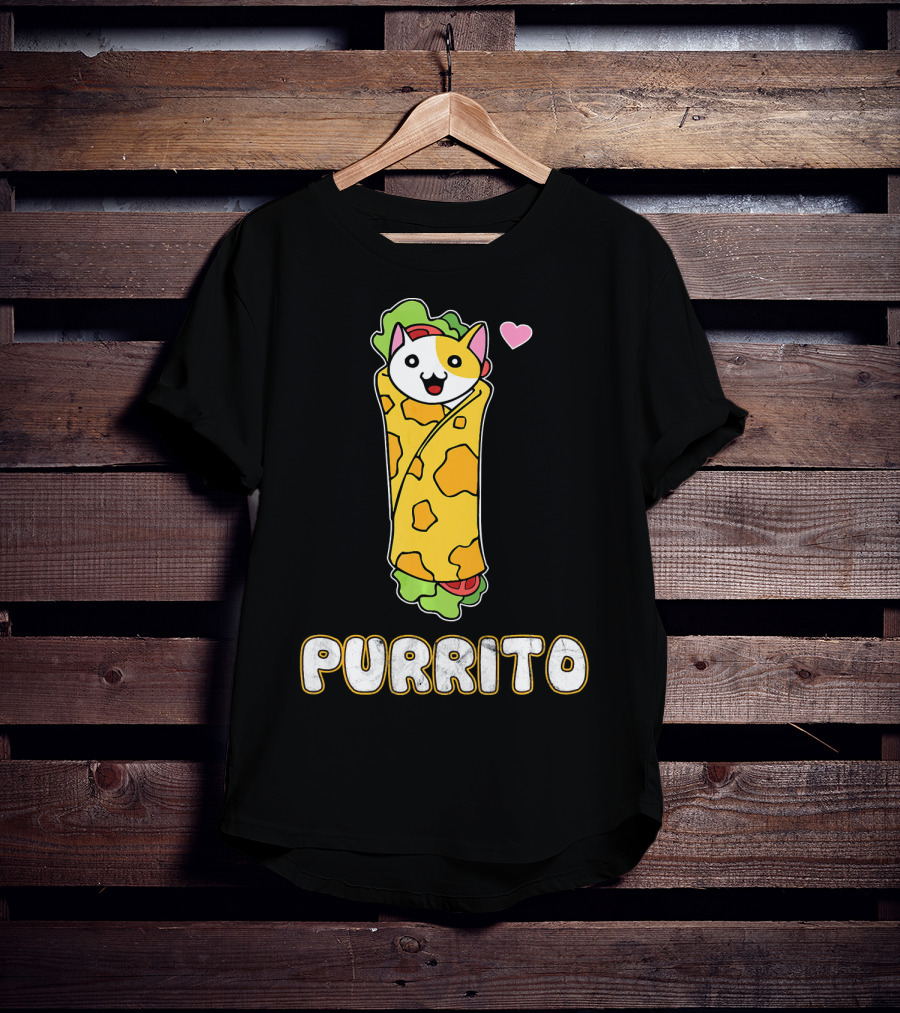 Purrito Kitten Wrapped In Burrito With Heart And Taco Cat Expression T-Shirt