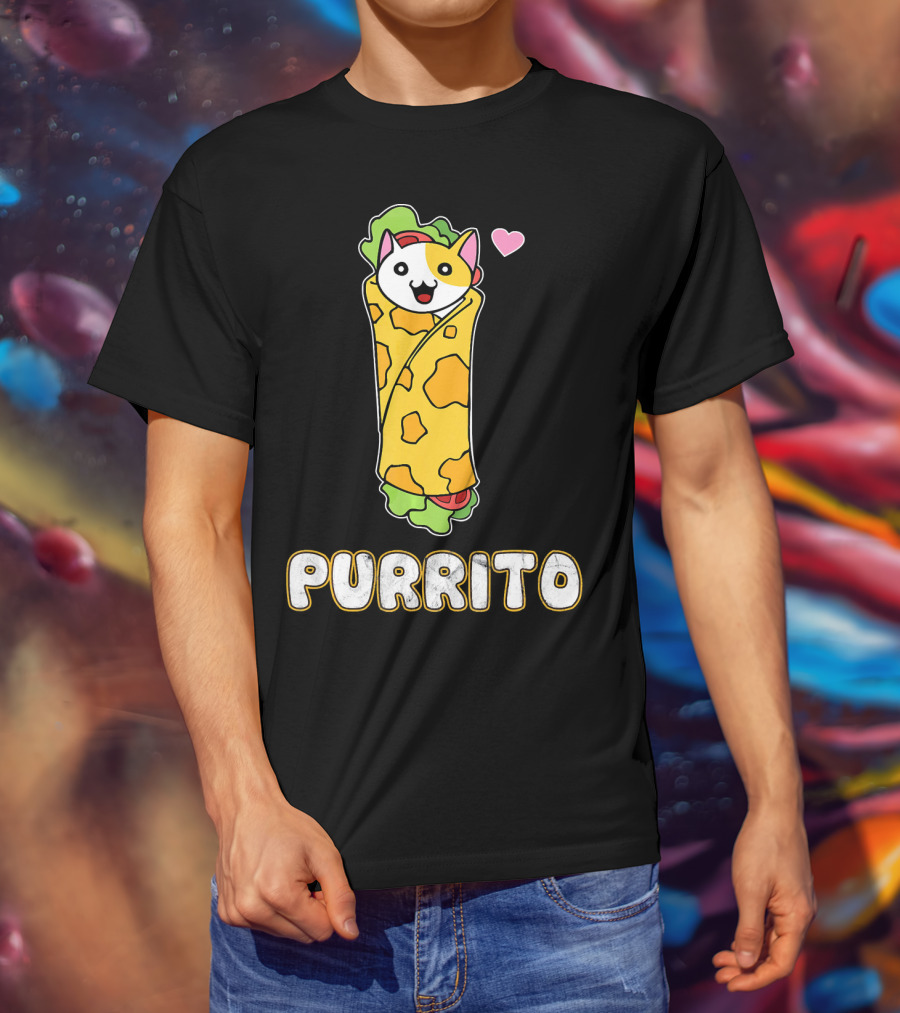 Purrito Kitten Wrapped In Burrito With Heart And Taco Cat Expression T-Shirt