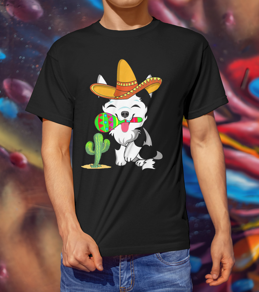 Cute Husky Dog With Sombrero And Maracas Cinco De Mayo 5th Of May T-Shirt