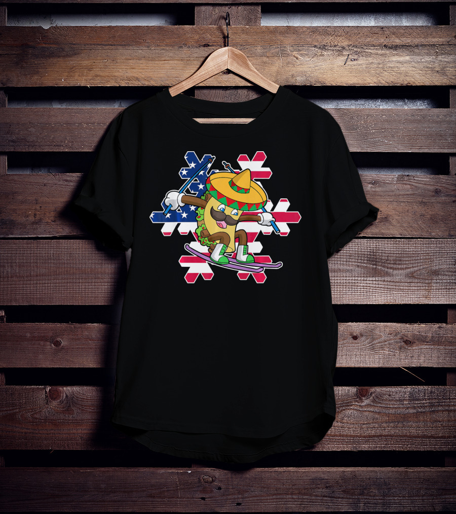 Taco Skiing Sombrero Cinco De Mayo Mexican American Flag Snowflakes T-Shirt