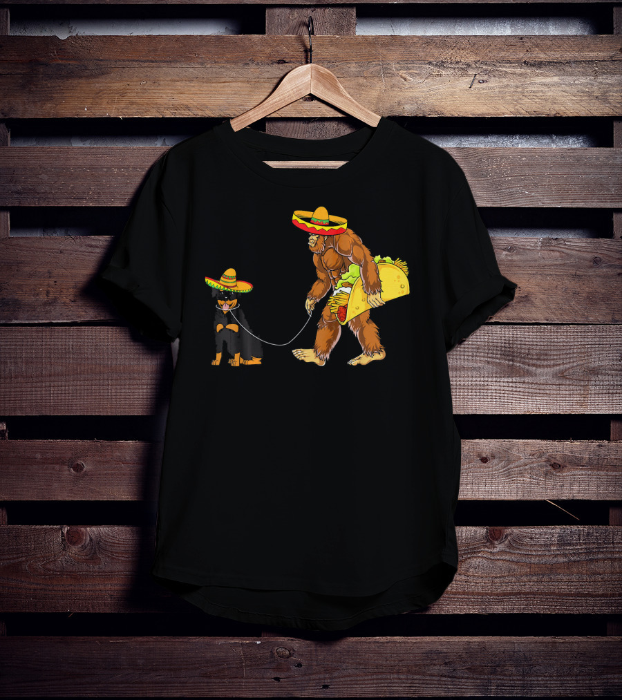 Cinco De Mayo Bigfoot Walking Rottweiler Taco Sombrero T-Shirt