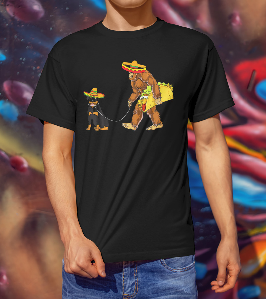 Cinco De Mayo Bigfoot Walking Rottweiler Taco Sombrero T-Shirt