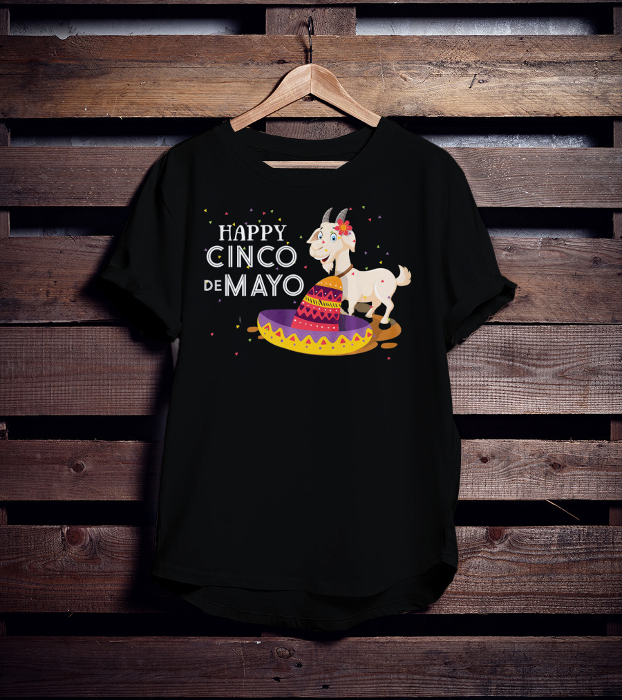 Happy Cinco De Mayo Funny Goat With Sombrero And Colorful Confetti T-Shirt