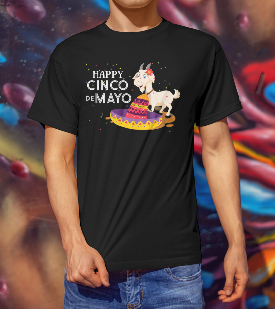 Happy Cinco De Mayo Funny Goat With Sombrero And Colorful Confetti T-Shirt