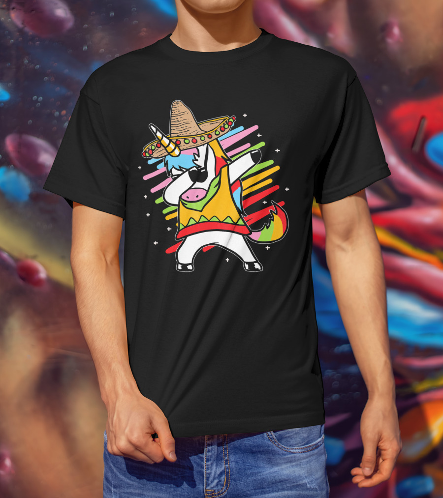 Dabbing Unicorn Cinco De Mayo Sombrero Rainbow Mexican Colors T-Shirt