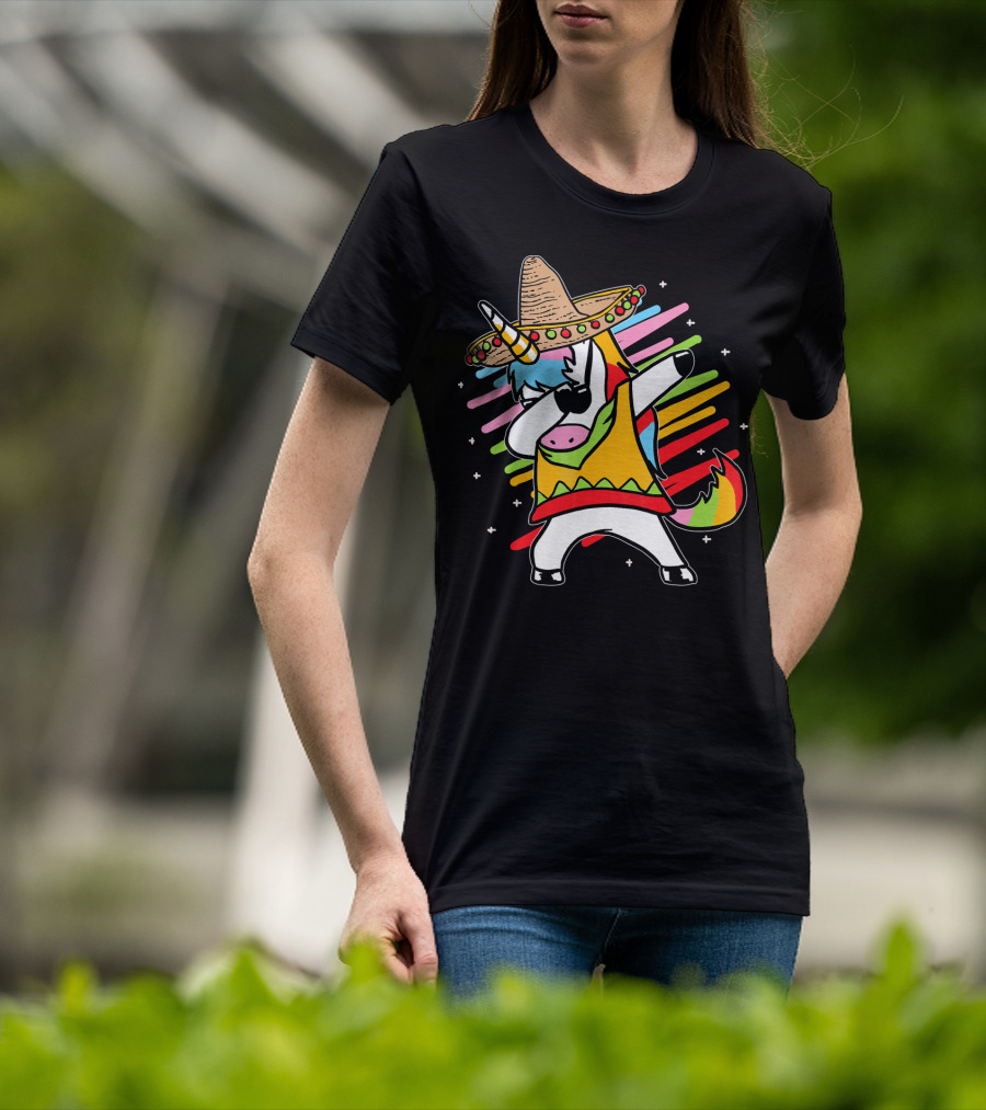 Dabbing Unicorn Cinco De Mayo Sombrero Rainbow Mexican Colors T-Shirt
