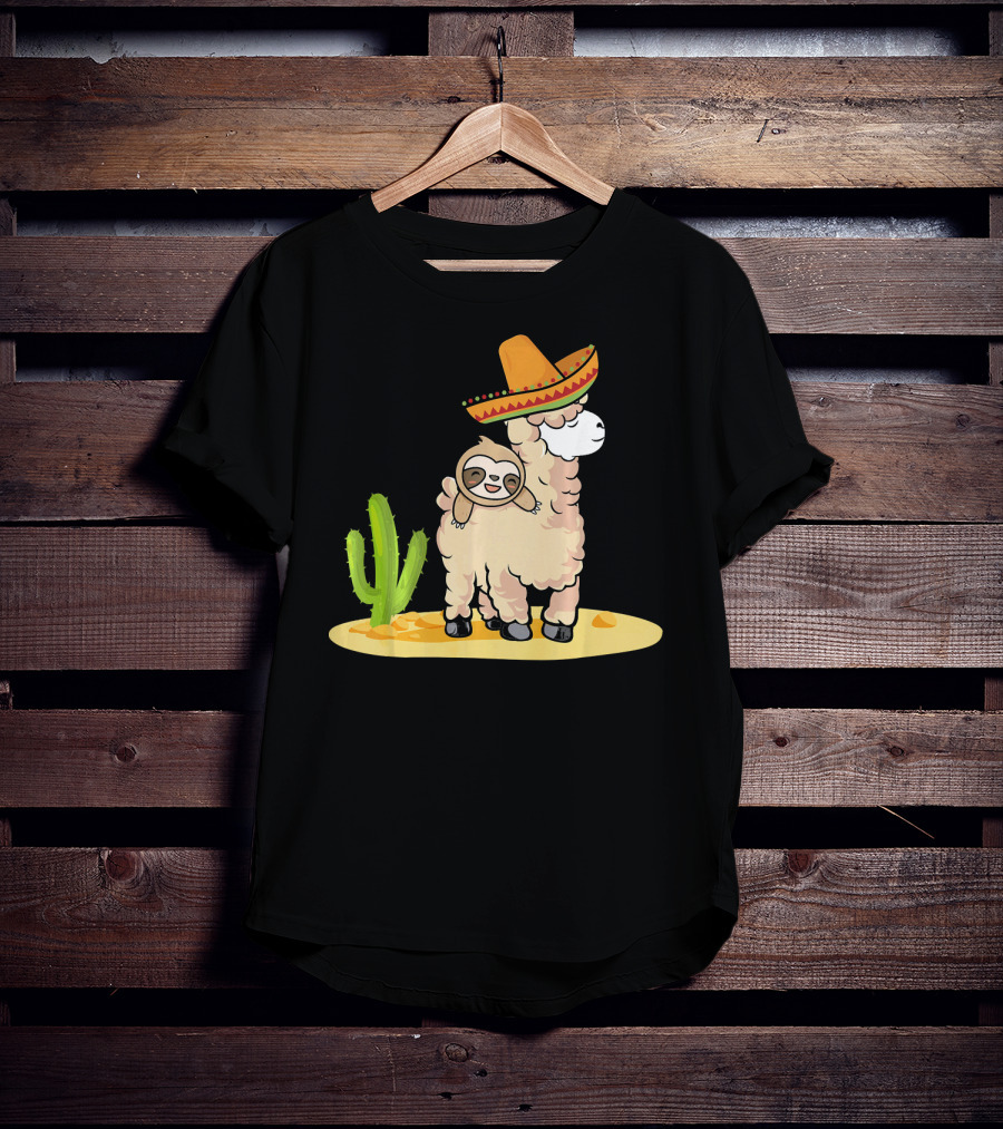 Cinco De Mayo Mexican Llama Sloth Riding Sombrero Cactus Desert Scene T-Shirt