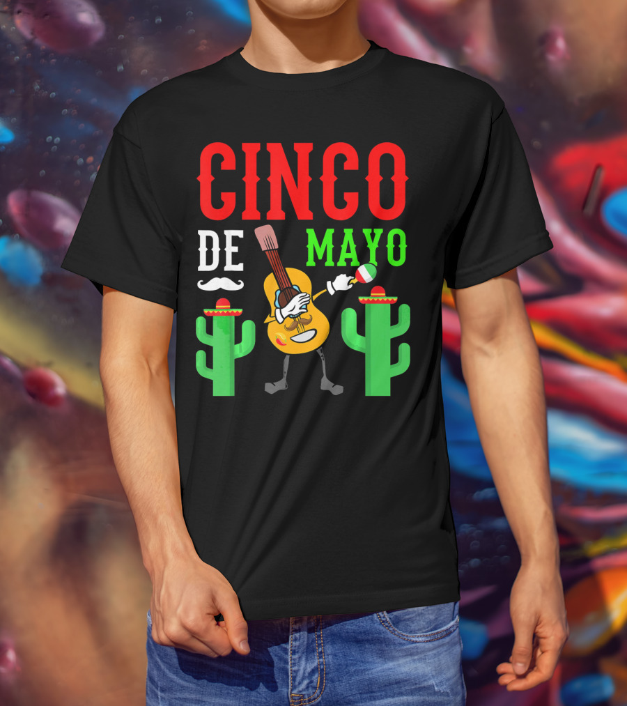 Cinco De Mayo Dabbing Guitar With Cactus And Mustache T-Shirt