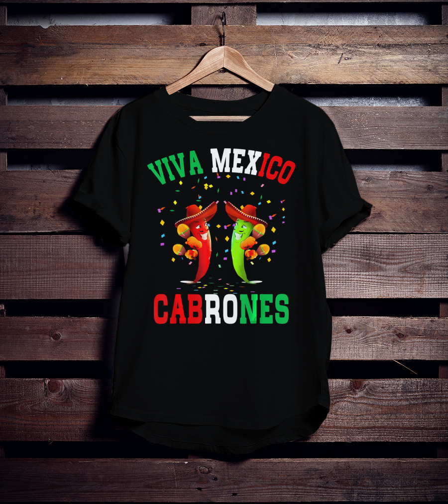 Viva Mexico Cabrones Red Green Chili Peppers Sombreros Confetti T-Shirt