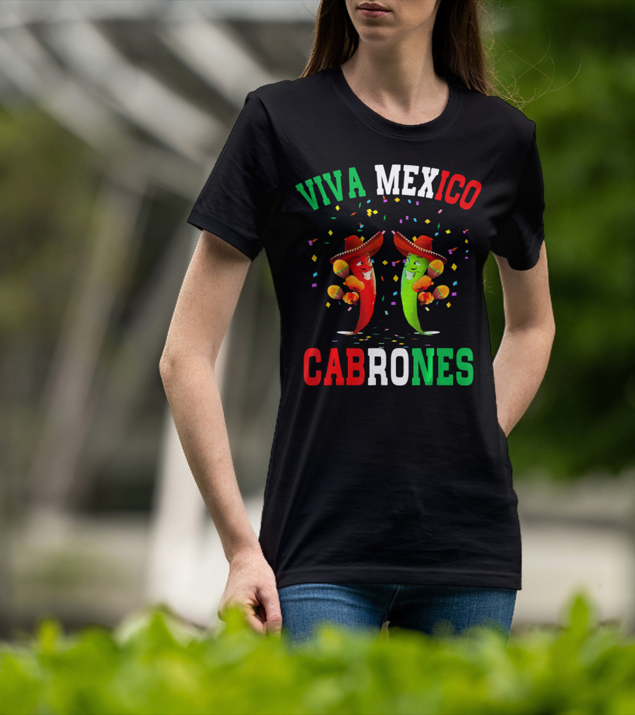 Viva Mexico Cabrones Red Green Chili Peppers Sombreros Confetti T-Shirt