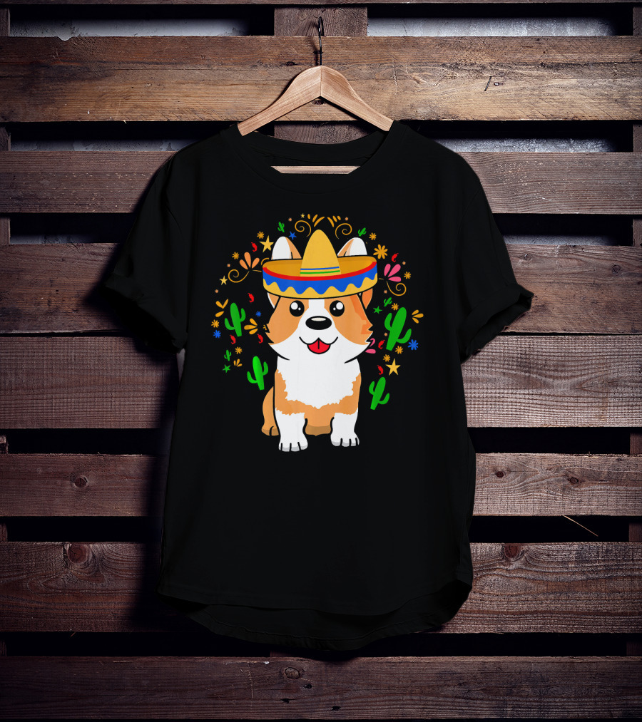 Cinco De Mayo Corgi Dog With Sombrero And Cacti T-Shirt
