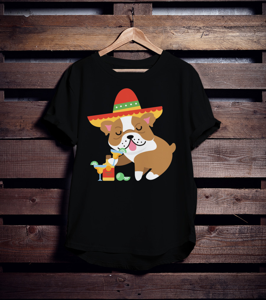 Bulldog Margarita Funny Mexican Sombrero Dog Cinc Party T-Shirt