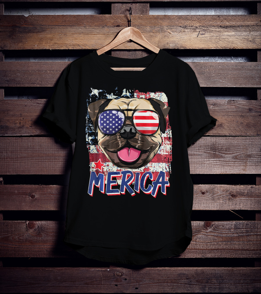 American Flag Pug Dog Merica Sunglasses USA T-Shirt