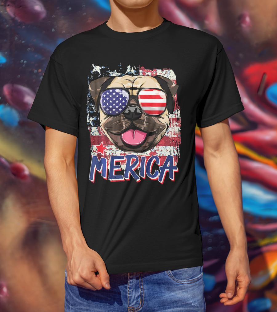 American Flag Pug Dog Merica Sunglasses USA T-Shirt