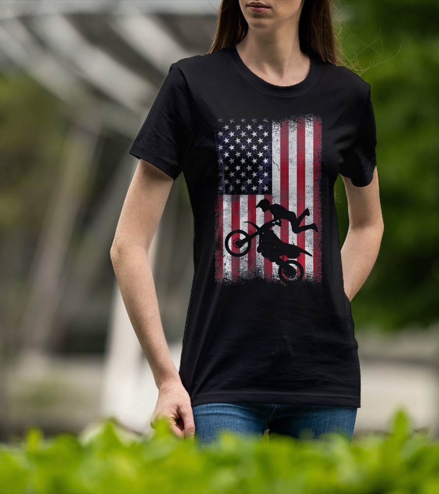 American Flag Motocross Rider Silhouette Patriotic USA T-Shirt