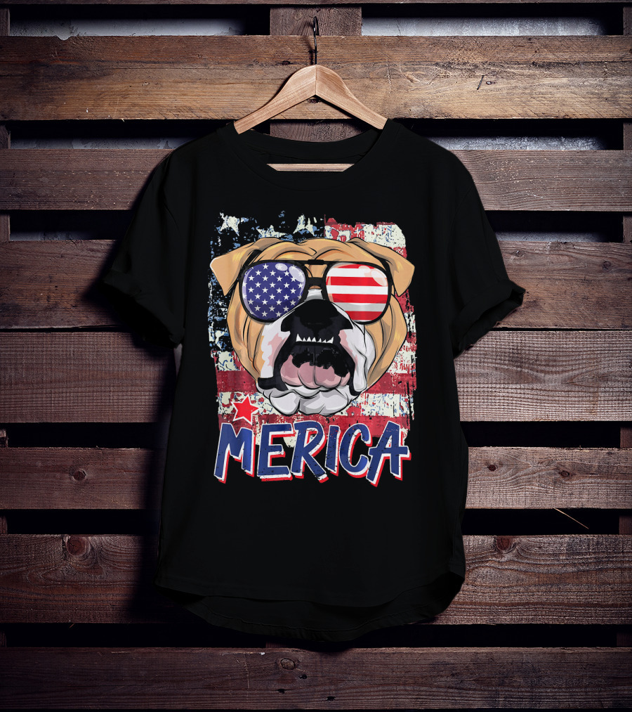 Merica Bulldog With American Flag Sunglasses T-Shirt