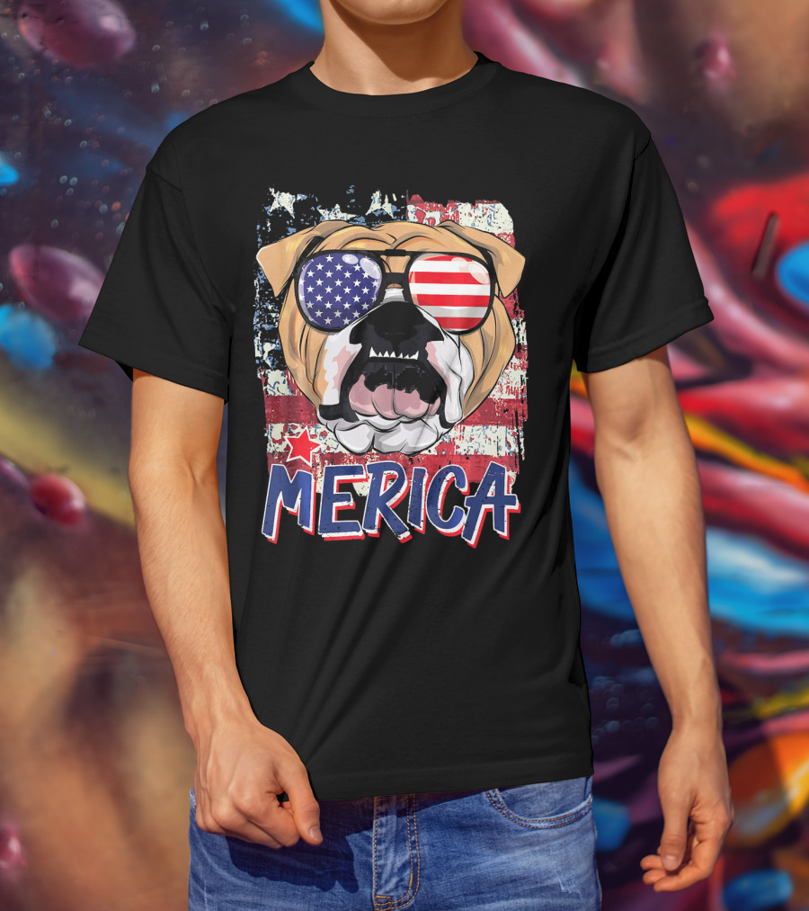Merica Bulldog With American Flag Sunglasses T-Shirt